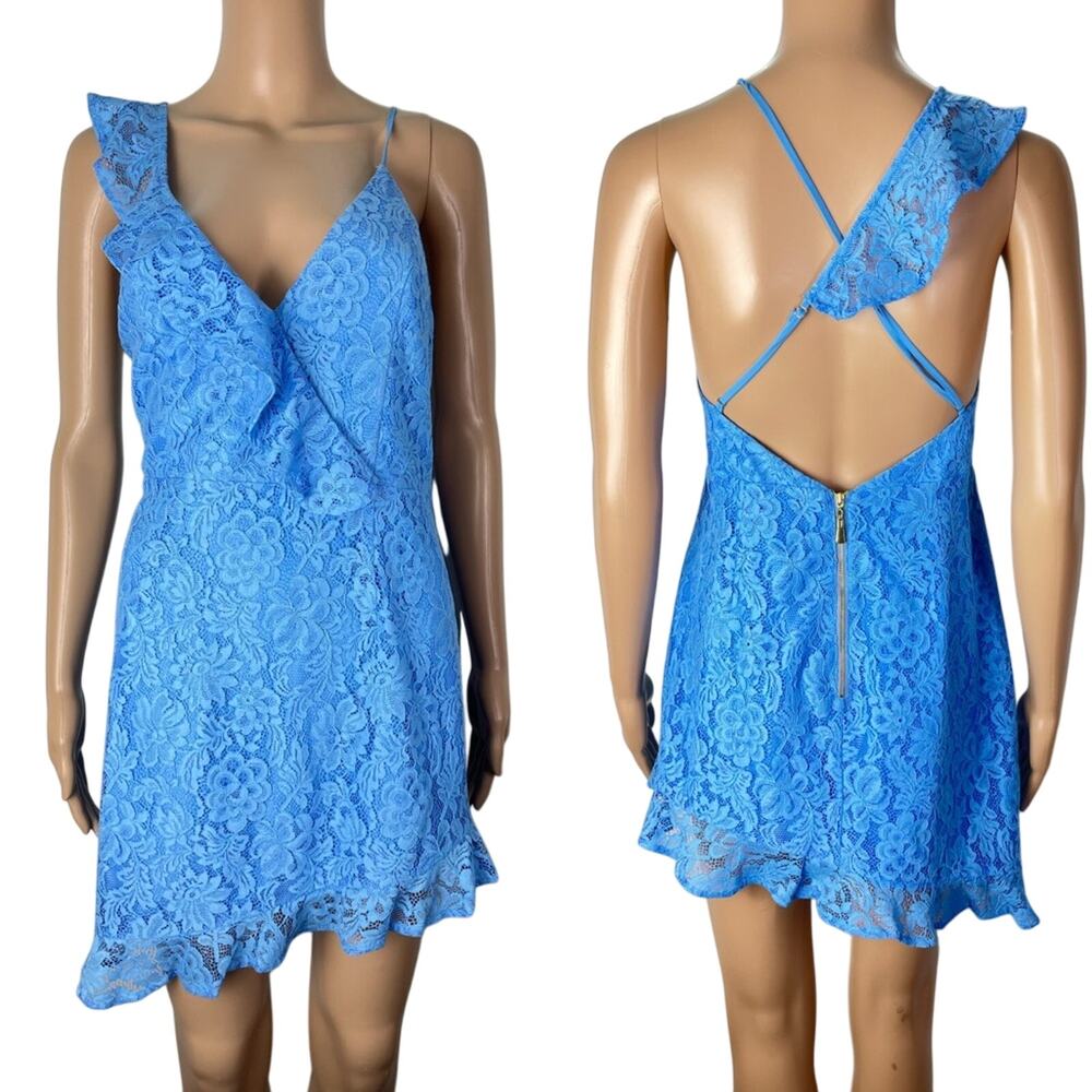 New Revolve NBD X NAVEN Cassandra Blue Lace Open Back Asymmetrical Mini Dress - Picture 2 of 13